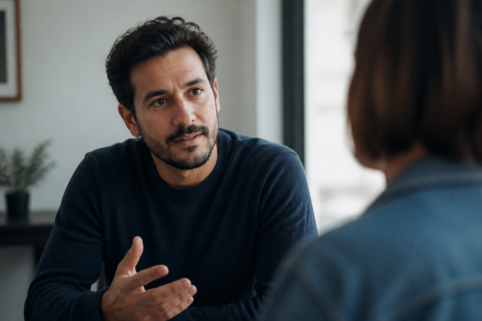 Adult releasing tension and restarting a word gently in conversation