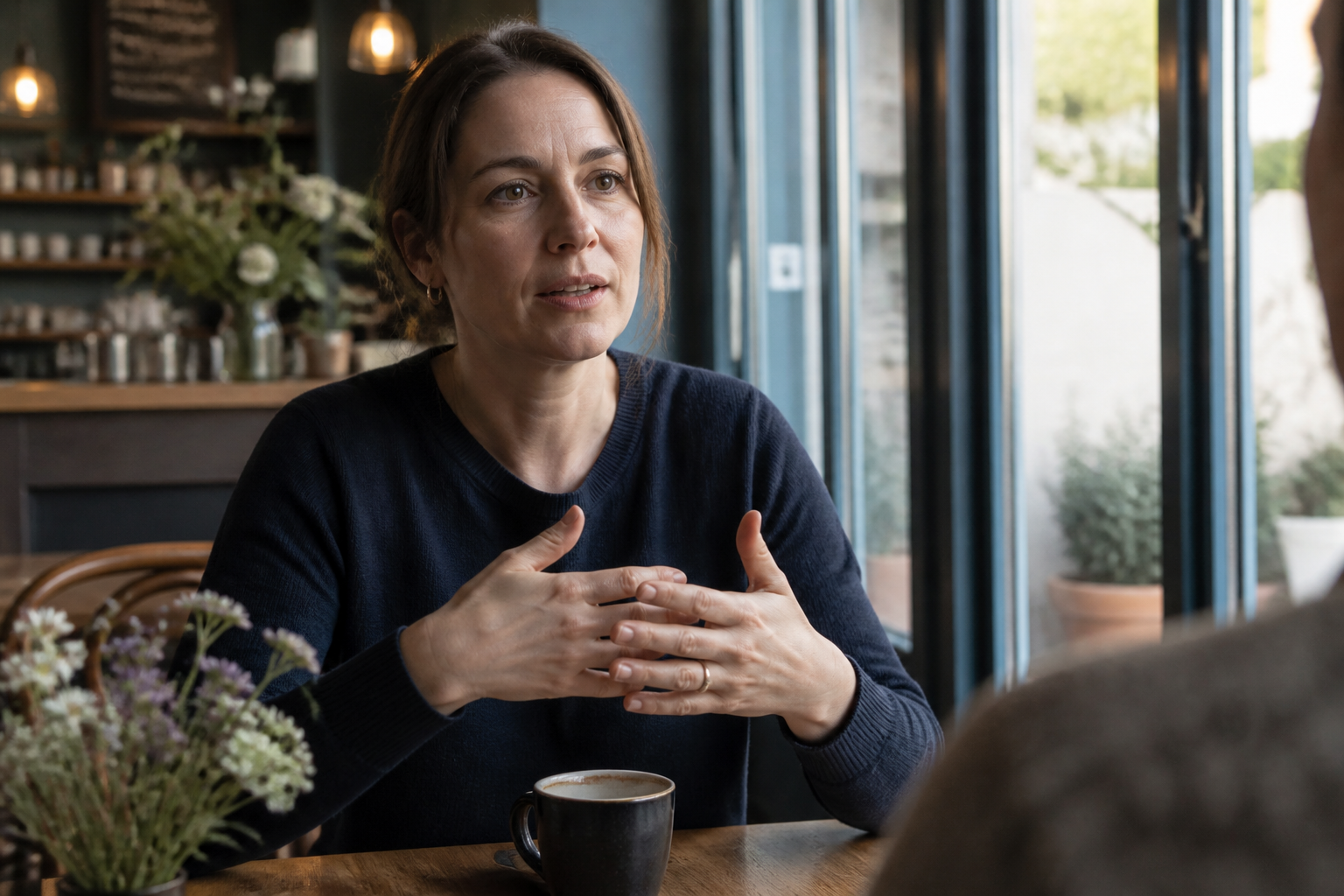 Adult pausing mid-sentence with calm focus, not distress