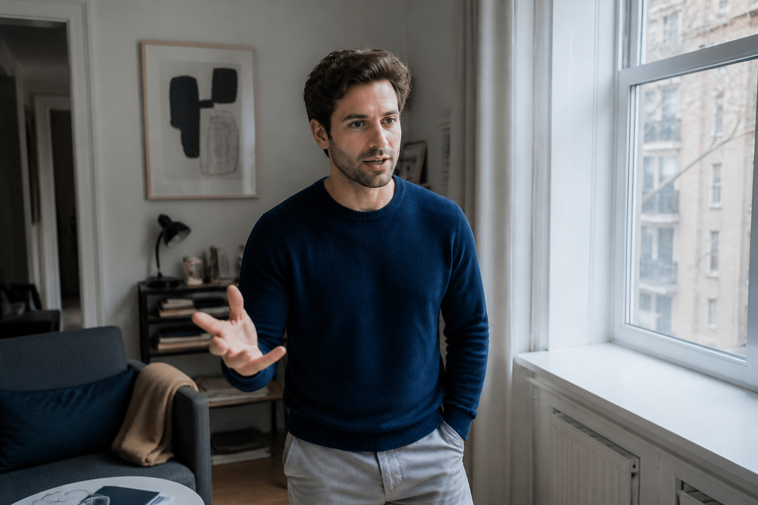 Adult rehearsing a short dating conversation opener at home