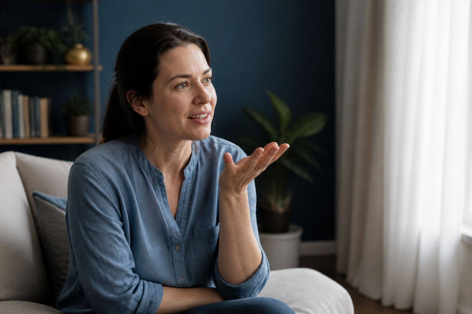 Adult rehearsing a phone conversation without headphones before a real call