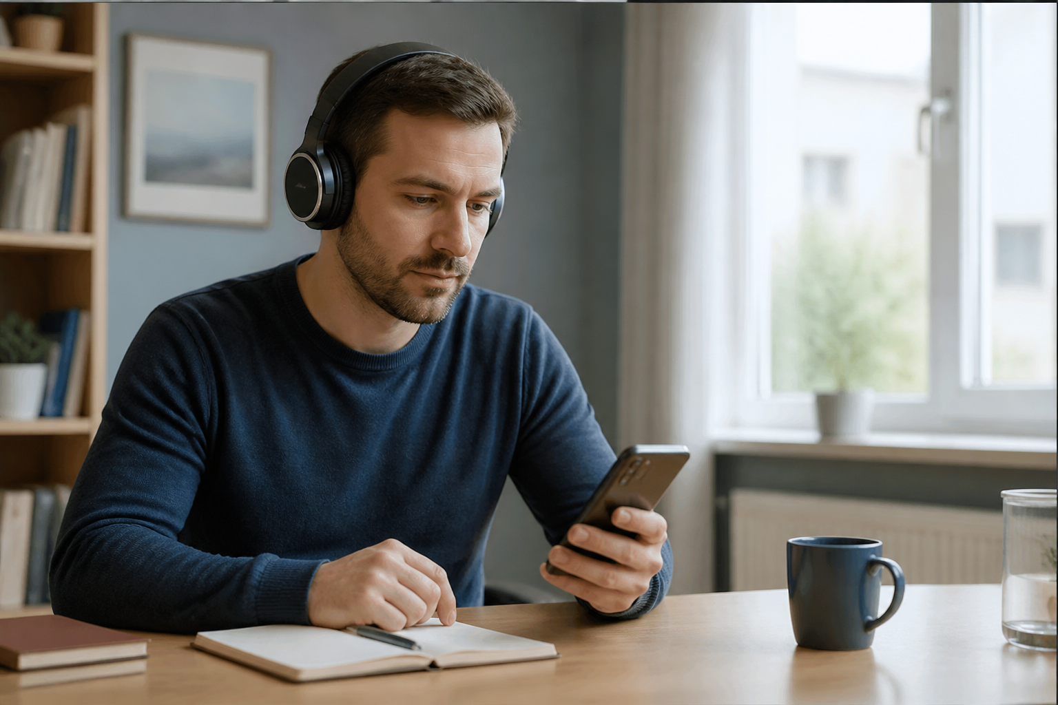 Adult trying headphones with a phone speech app at a quiet desk