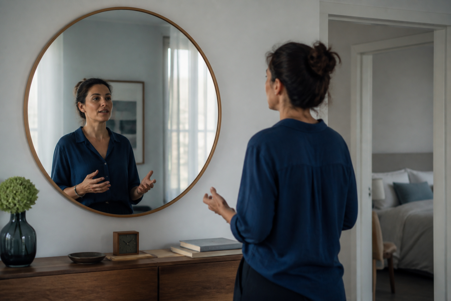 Adult practicing an introduction aloud at home before a meeting