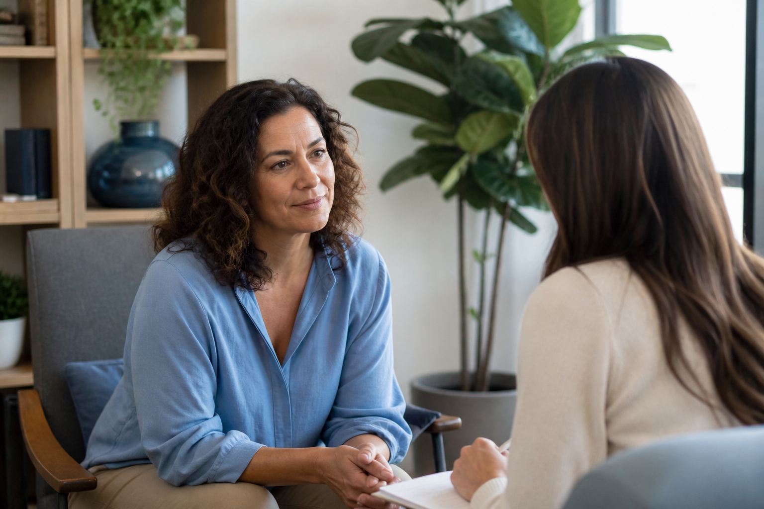 Adult in a calm conversation with a speech specialist in a bright room