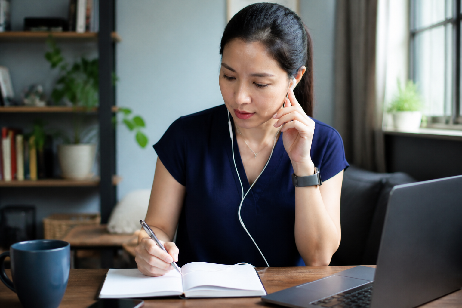 Adult preparing for a phone call or interview at a desk