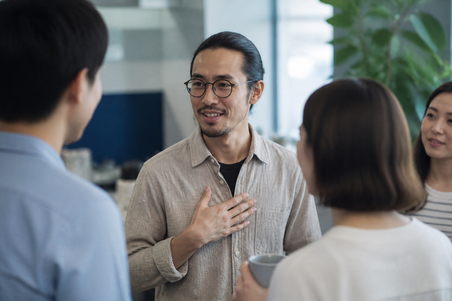 Adult introducing themselves calmly in a small group