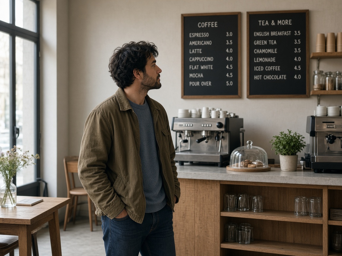 Adult deciding a coffee order before approaching a cafe counter