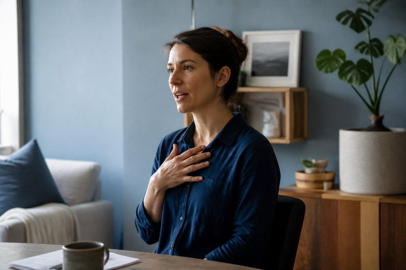 Adult practicing a short disclosure line aloud at home before a meeting