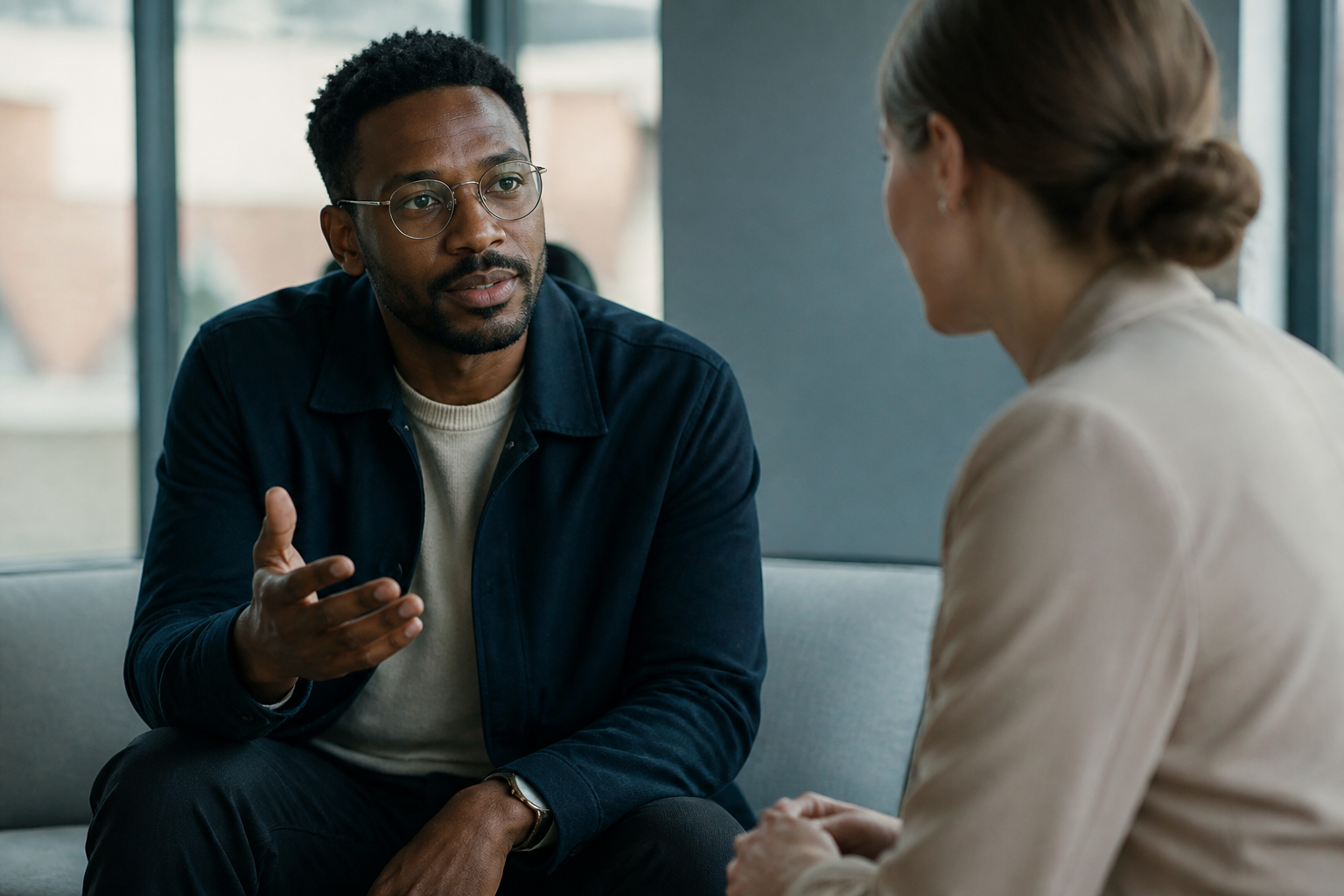 Adult calmly starting a conversation with a short heads-up about stuttering