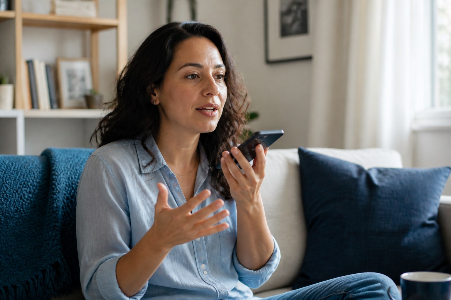 Adult comparing speaking-practice app options on a phone before an important call