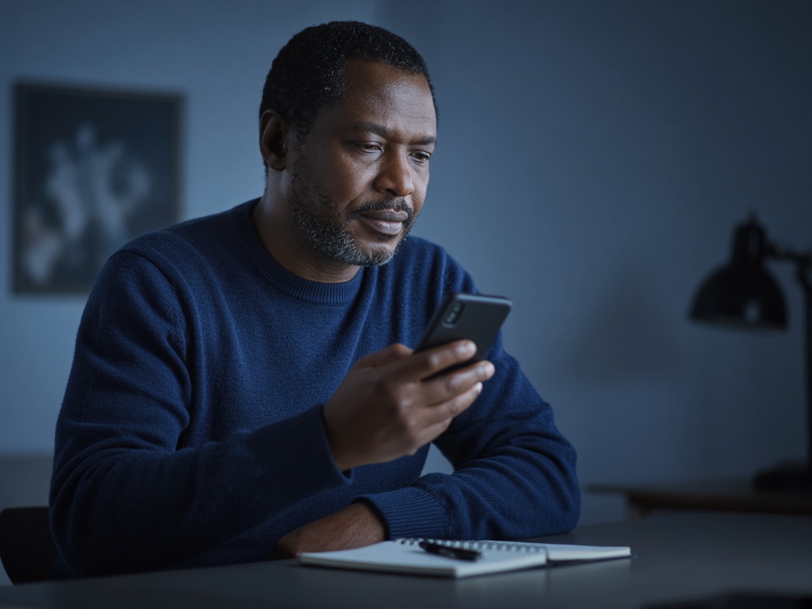 Adult rehearsing a short phone message alone before making the call