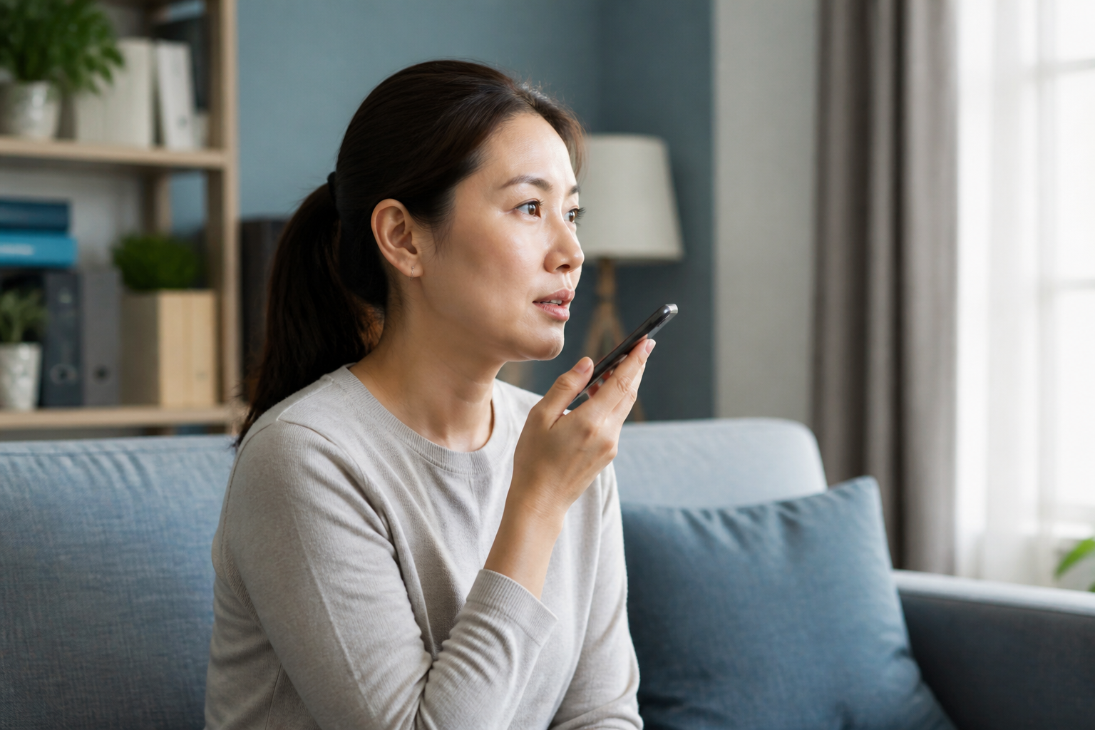 Adult practicing a speaking technique calmly before a real phone call