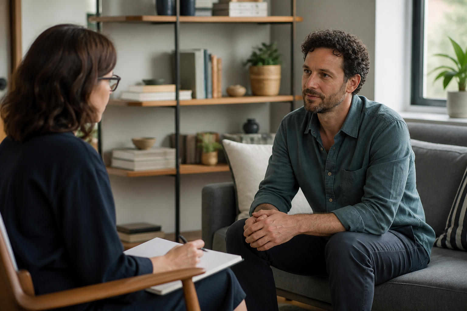 Adult in a calm conversation with a speech therapist in a bright room