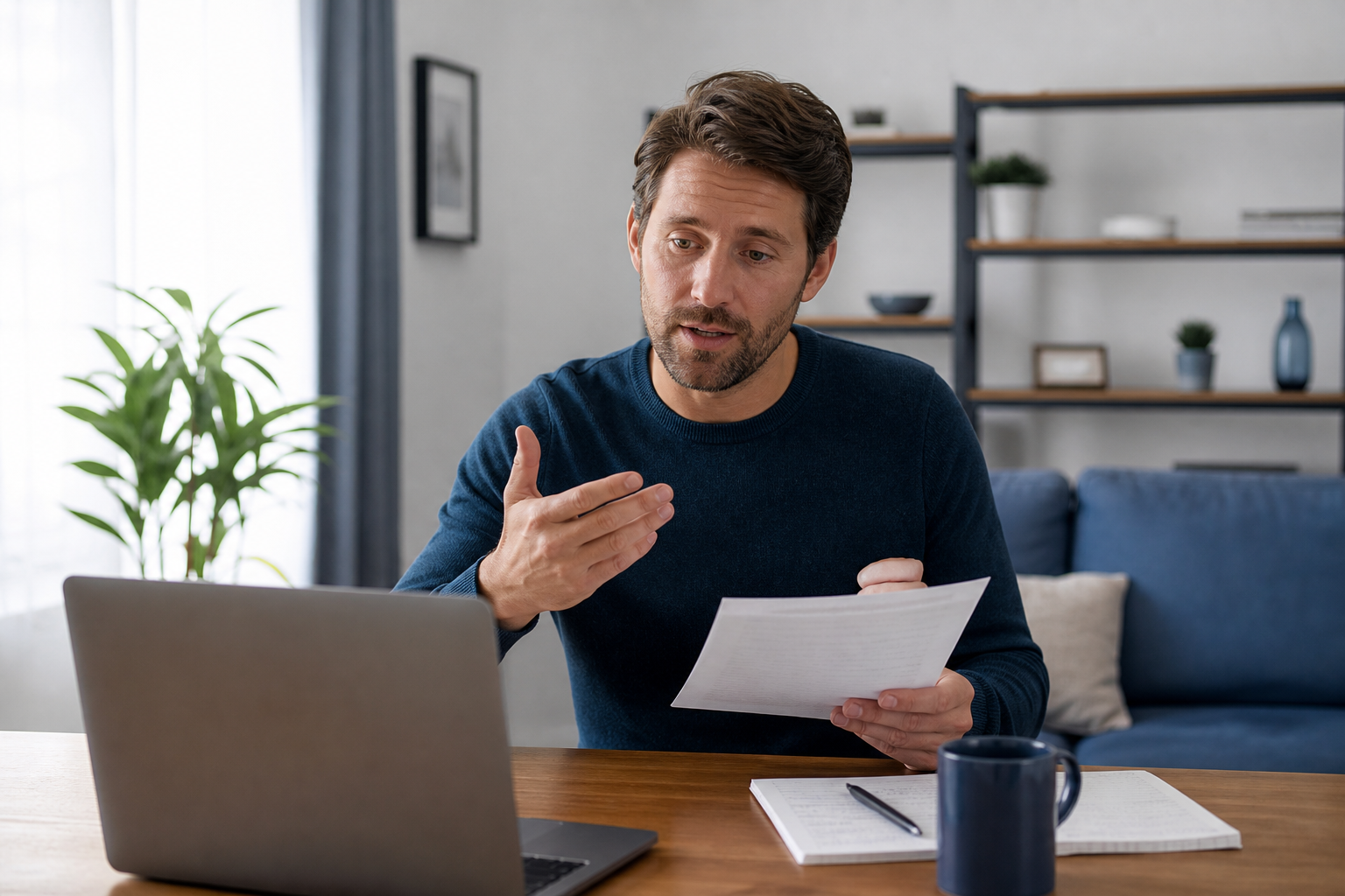 Adult rehearsing a short meeting update aloud before joining a video call