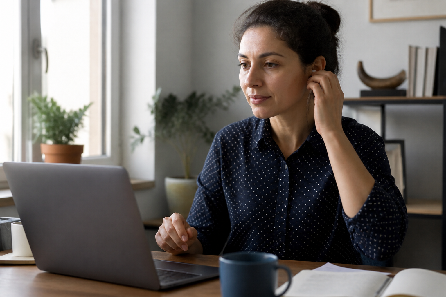 Adult at a home desk preparing to unmute on a video call